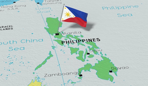 Bandiera nazionale delle Filippine appuntata sulla mappa politica illustrazione 3D