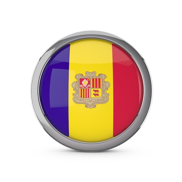 Bandiera nazionale di Andorra a forma di cerchio lucido con cornice cromata Rendering 3D