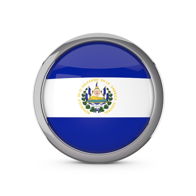 Bandiera nazionale di El Salvador a forma di cerchio lucido con cornice cromata Rendering 3D