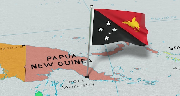 Bandiera nazionale di Papua Nuova Guinea Port Moresby appuntata sulla mappa politica illustrazione 3D