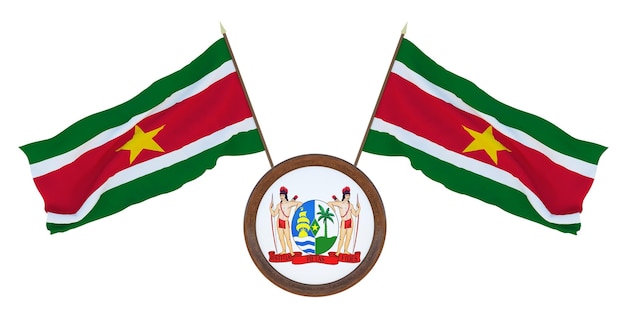 Bandiera nazionale e stemma Illustrazione 3D del Suriname Sfondo per editori e designer Festa nazionale