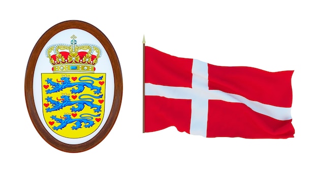 Bandiera nazionale e stemma Illustrazione 3D della Danimarca