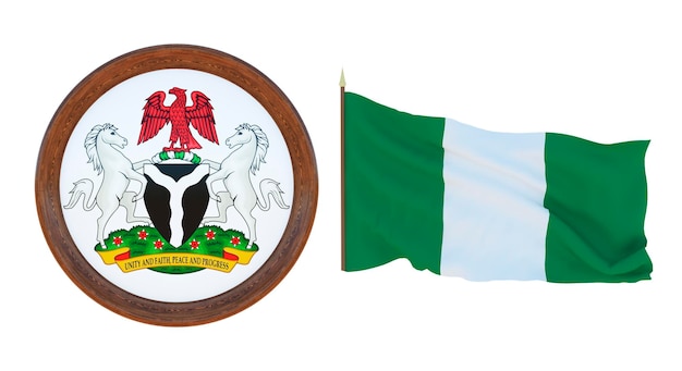 Bandiera nazionale e stemma Illustrazione 3D della Nigeria