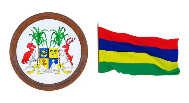 Bandiera nazionale e stemma Illustrazione 3D di Mauritius