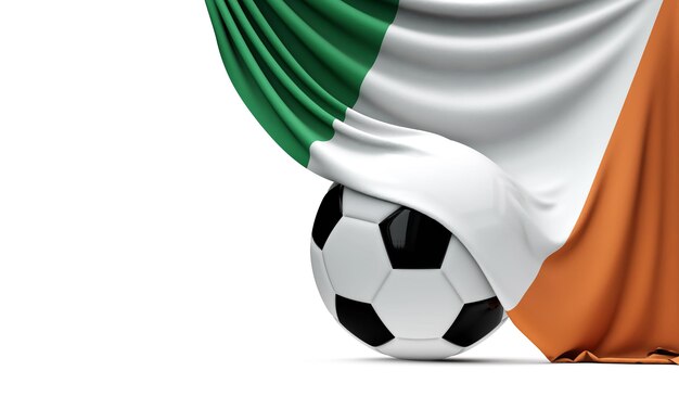 Bandiera nazionale irlandese drappeggiata su un pallone da calcio Rendering 3D