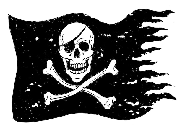 Bandiera pirata con teschio e ossa incrociate Illustrazione in bianco e nero in stile retrò disegnata a mano