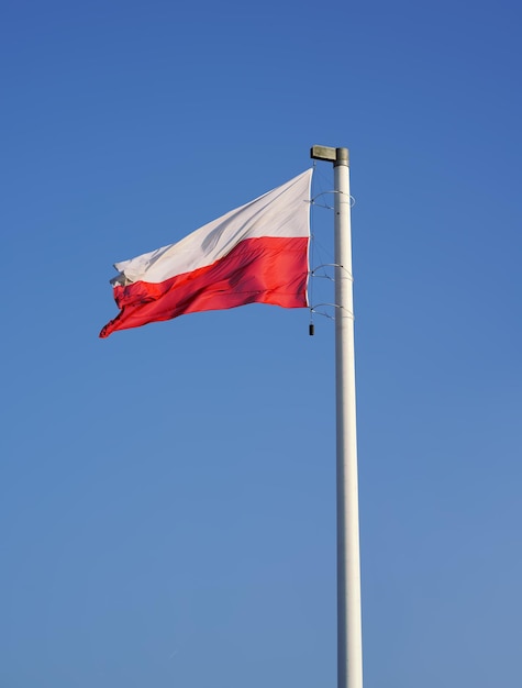 Bandiera polacca sventola nel cielo Sventola bandiera nazionale della Polonia su un pennone colori nazionali della Polonia