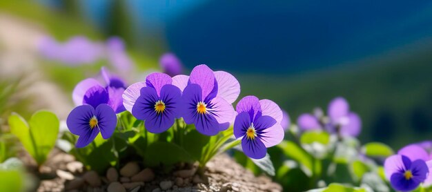 Bandiera primaverile viola viola fiori in montagna primaverile copia spazio marzo aprile botanica piante