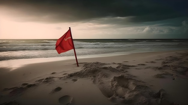 Bandiera rossa che sventola sulla spiaggia con le onde dell'oceano cielo scuro e orizzonte panoramico sopra l'acqua