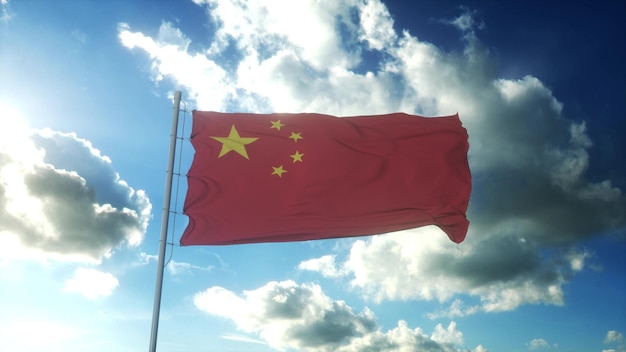 Bandiera rossa della Cina che sventola contro il bel cielo blu 3d'illustrazione