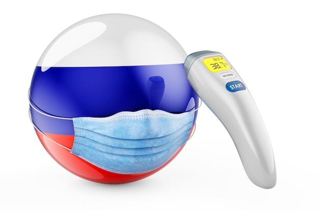 Bandiera russa con maschera medica e termometro elettronico a infrarossi Pandemia in Russia concetto rendering 3D