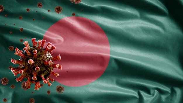 Bandiera sventolante del Bangladesh e virus del microscopio del coronavirus