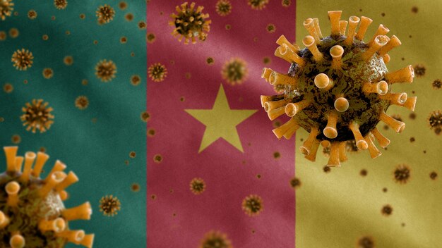 Bandiera sventolante del Camerun e virus del microscopio del coronavirus