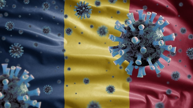 Bandiera sventolante del Ciad e virus del microscopio del coronavirus