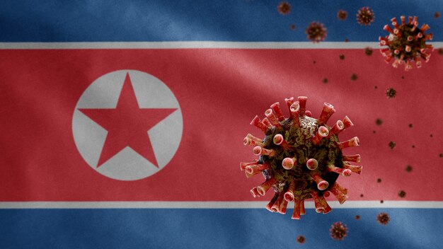 Bandiera sventolante della Corea del Nord e virus del microscopio del coronavirus