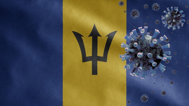 Bandiera sventolante delle Barbados e virus del microscopio del coronavirus