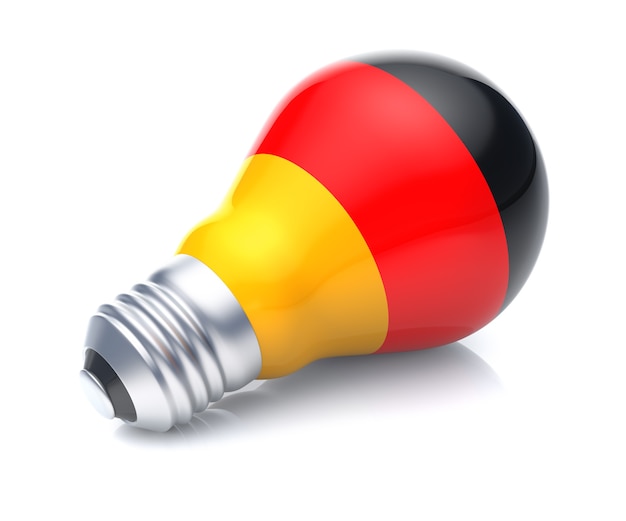 Bandiera tedesca con lampadina. Isolato su sfondo bianco. Rendering 3D