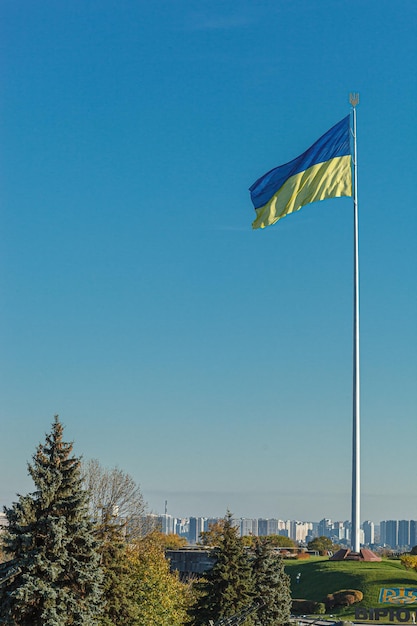 Bandiera ucraina contro il cielo blu