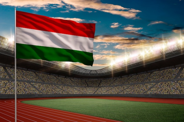 Bandiera ungherese davanti a uno stadio di atletica leggera con i fan.