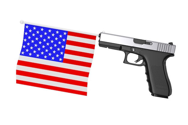 Bandiera USA che esce dalla pistola moderna su uno sfondo bianco 3d Rendering