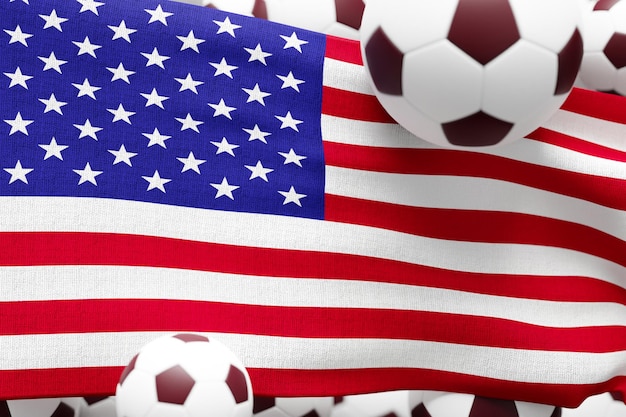 Bandiera USA con pallone da calcio 2022 Illustrazione di rendering 3D minimo