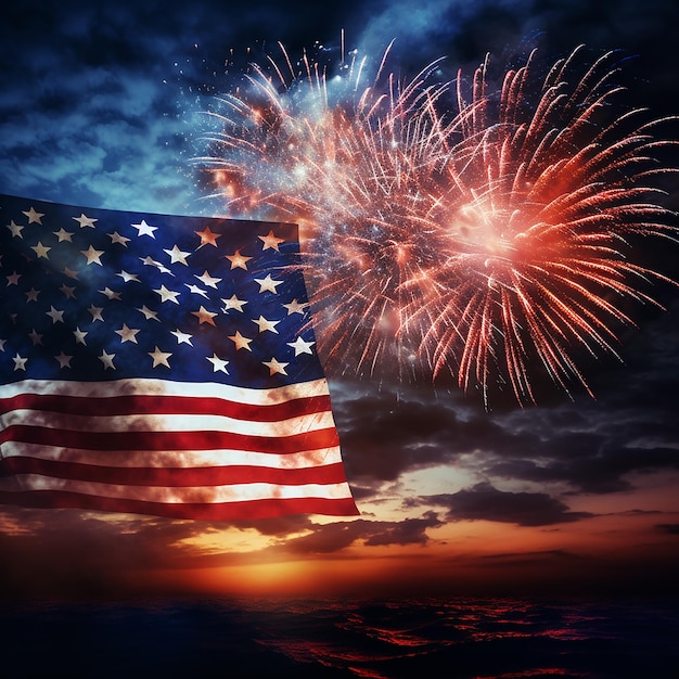 Bandiera USA contro fuochi d'artificio colorati