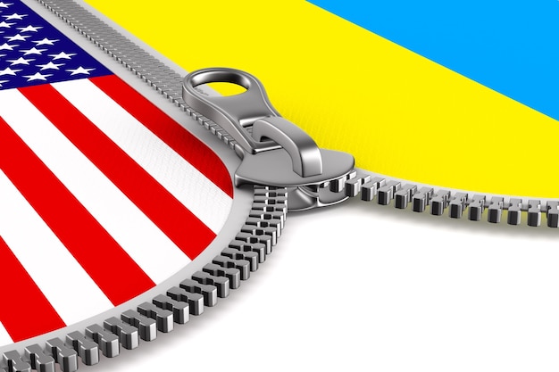 Bandiera USA e Ucraina e cerniera. Illustrazione 3D