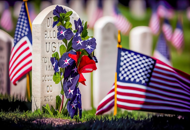 Bandiere americane e lapidi al cimitero nazionale American Memorial Day Generative AI