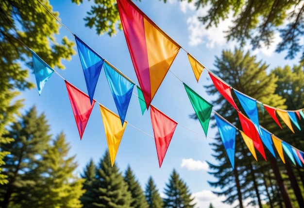 bandiere colorate sono appese da una linea con alberi sullo sfondo