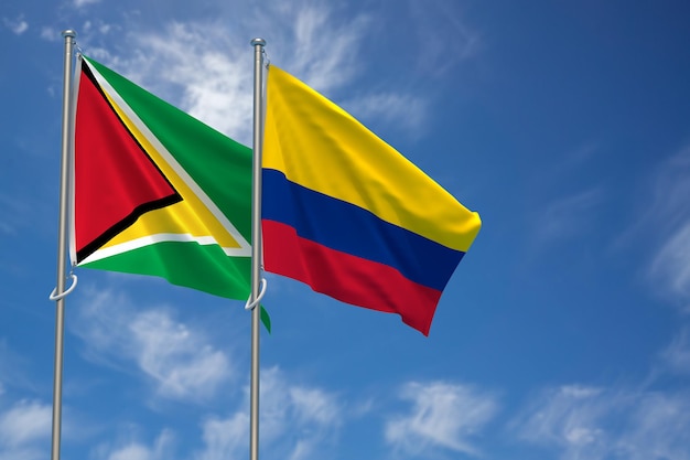 Bandiere cooperative della Repubblica della Guyana e della Repubblica di Colombia sopra l'illustrazione 3D del fondo del cielo blu