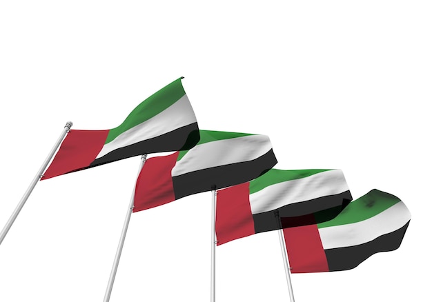 Bandiere degli Emirati Arabi Uniti in fila con uno sfondo bianco Rendering 3D