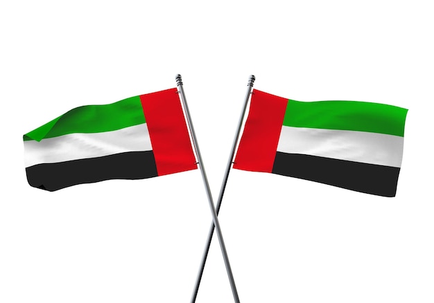 Bandiere degli Emirati Arabi Uniti incrociate isolate su uno sfondo bianco d rendering