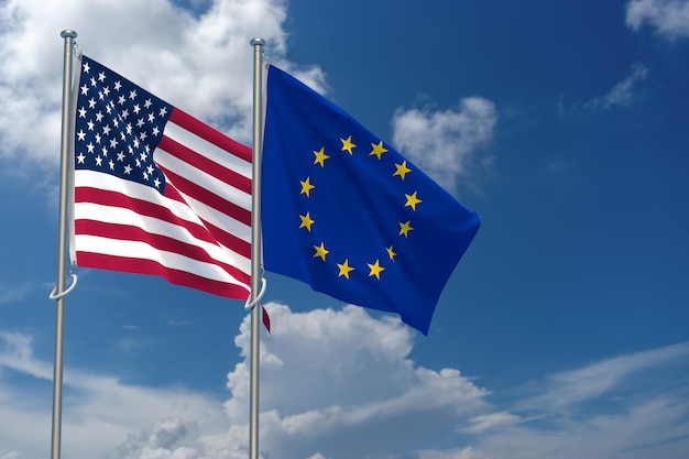 Bandiere degli Stati Uniti d'America e dell'Unione europea su sfondo blu cielo 3D'illustrazione