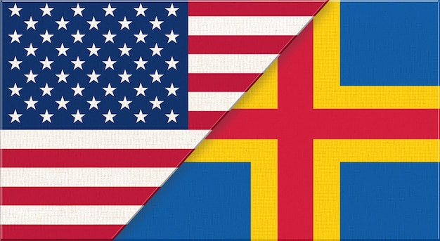 Bandiere degli Stati Uniti e delle Isole Aland Bandiere nazionali americane e delle isole Aland su superficie di tessuto Bandiera degli Stati Uniti d'America e delle Isola Aland Illustrazione 3D Due bandiere insieme Tessura del tessuto