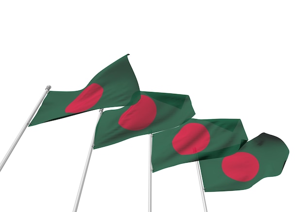 Bandiere del Bangladesh di fila con uno sfondo bianco Rendering 3D