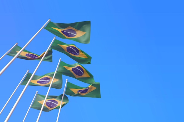 Bandiere del Brasile che sventolano nel vento contro un cielo blu d rendering