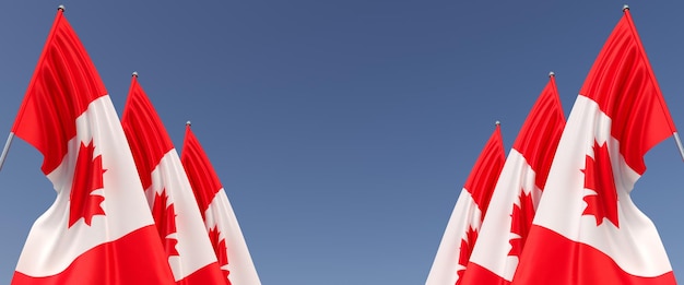 Bandiere del Canada sui pennoni sui lati su sfondo blu Posto per il testo Sei bandiere Illustrazione 3d canadese dell'acero di Ottawa