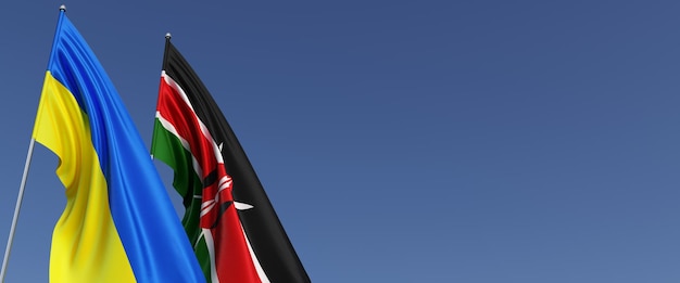 Bandiere del Kenya e dell'Ucraina sui pennoni sul lato Bandiere su sfondo blu Posto per il testo Ucraina indipendente indipendente Bandiera del Kenya Illustrazione 3D del Commonwealth di Nairobi