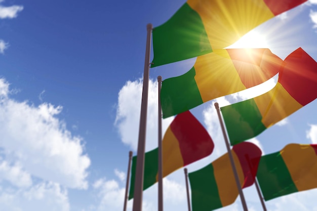 Bandiere del Mali che sventolano nel vento contro un cielo blu d rendering