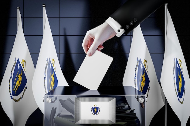 Bandiere del Massachusetts che fanno cadere a mano la scheda elettorale in un'illustrazione 3D del concetto elettorale di voto della scatola