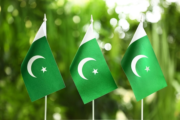 Bandiere del Pakistan sul primo piano sfondo sfocato