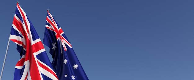 Bandiere del Regno Unito e dell'Australia sui pennoni laterali Bandiere su sfondo blu Gran Bretagna Inghilterra Canberra Melbourne 3D illustrazione