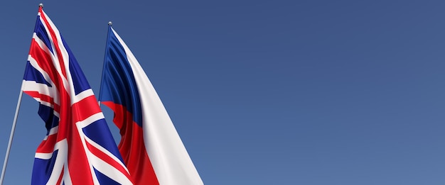 Bandiere del Regno Unito e della Repubblica Ceca sui pennoni sul lato Bandiere su sfondo blu Gran Bretagna Inghilterra Praga Illustrazione 3D