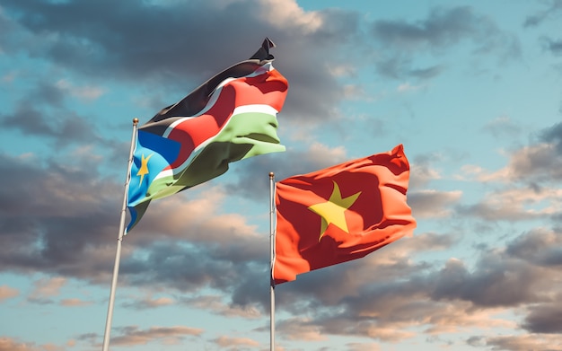 Bandiere del Sud Sudan e della Repubblica Democratica del Congo sullo sfondo del cielo