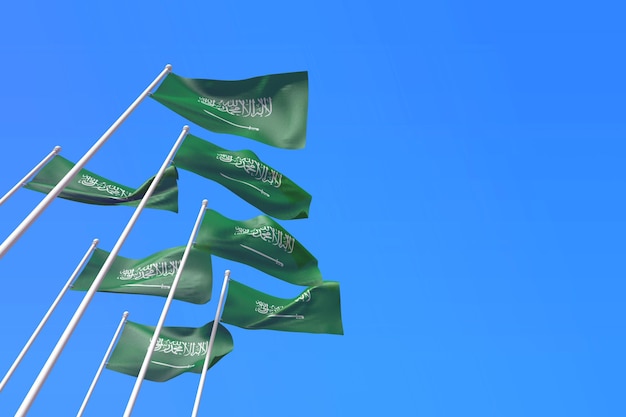 Bandiere dell'Arabia Saudita che sventolano nel vento contro un cielo blu d rendering