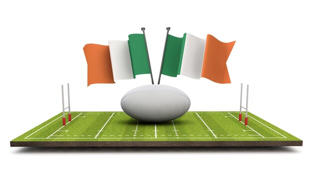 Bandiere dell'Irlanda con un pallone da rugby e rendering 3D del campo