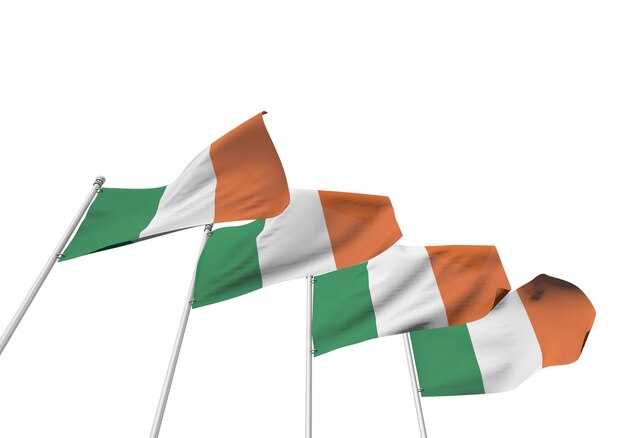 Bandiere dell'Irlanda di fila con uno sfondo bianco Rendering 3D