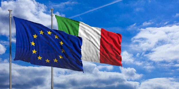 Bandiere dell'Italia e dell'Unione europea che ondeggiano nella stessa direzione su sfondo blu cielo 3d'illustrazione