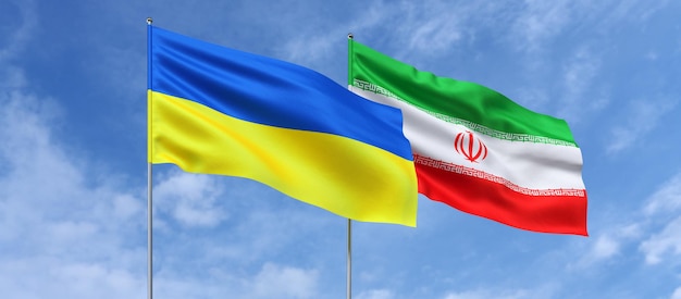 Bandiere dell'Ucraina e dell'Iran sui pennoni al centro Bandiere sullo sfondo del cielo Posto per testo ucraino Tehran Asia 3d illustrazione