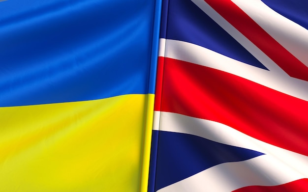 Bandiere dell'Ucraina e della Gran Bretagna Unione Europea Paesi alleati Illustrazione 3D